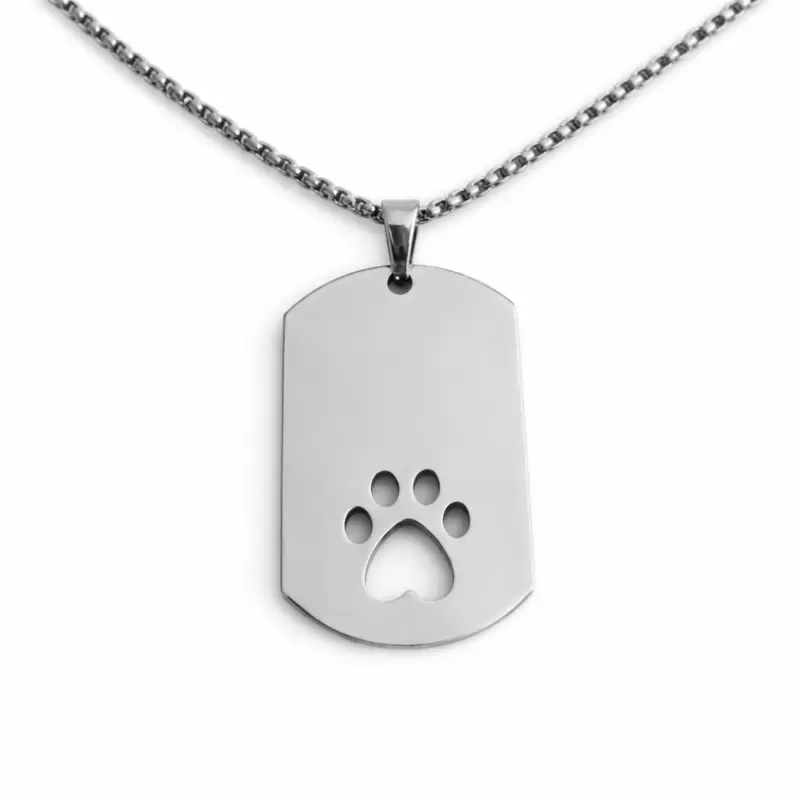 Collana ciondolo piastrina con zampina a cuore in acciaio personalizzabile
