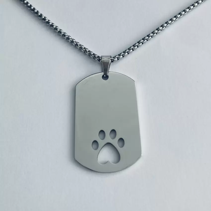 Collana ciondolo piastrina con zampina a cuore in acciaio personalizzabile  