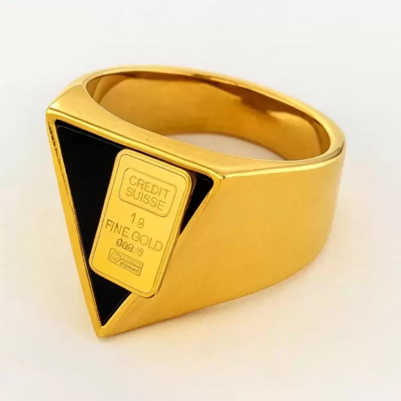 Anello triangolo con onice in oro 750 con lingotto Credit Suisse in oro 999,9