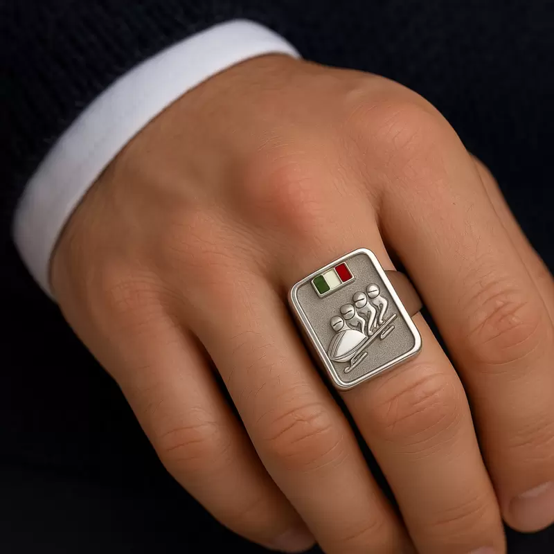 Anello chevalier bob in argento 925 con bandiera italiana