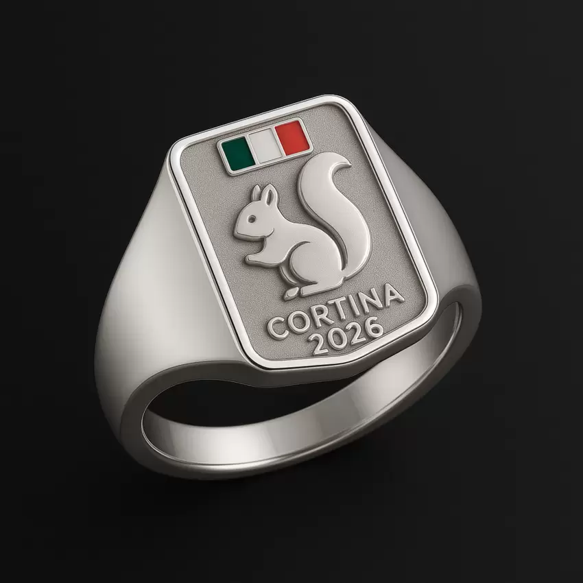 Anello chevalier scoiattolo CORTINA in argento 925 con bandiera italiana  