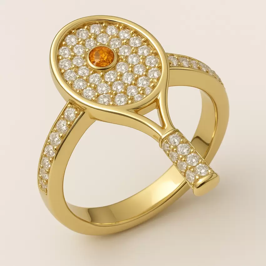 Tennis racket ring in 18kt yellow gold diamonds and orange sapphire  