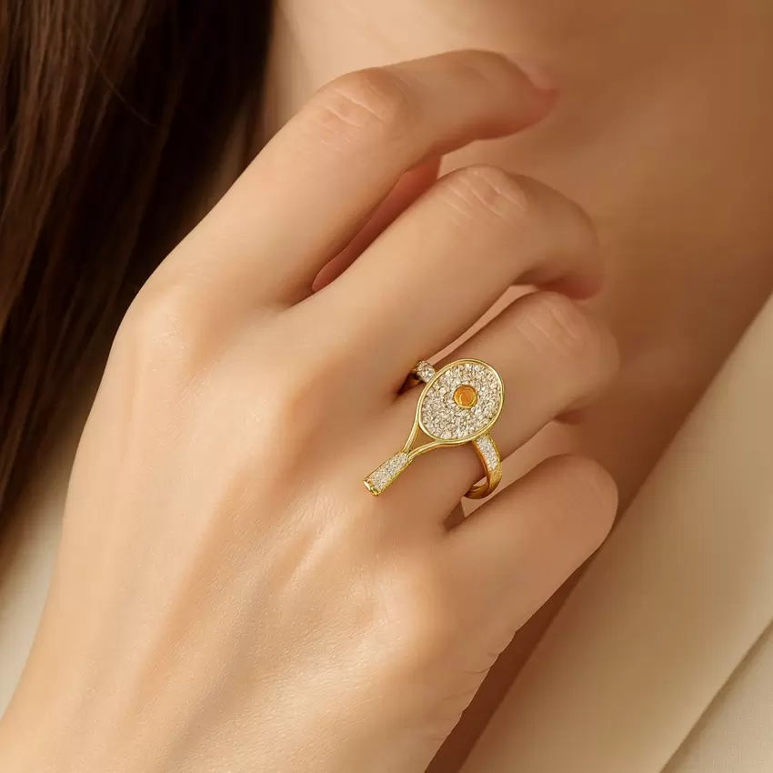 Tennis racket ring in 18kt yellow gold diamonds and orange sapphire  