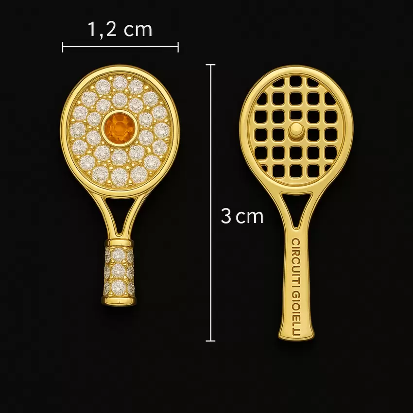 Tennis racket jacket pin in 18kt gold diamonds and sapphire orange  