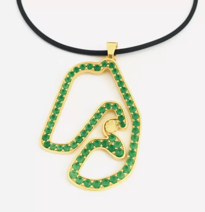 Interlagos circuit pendant in 18kt yellow gold and natural emeralds  