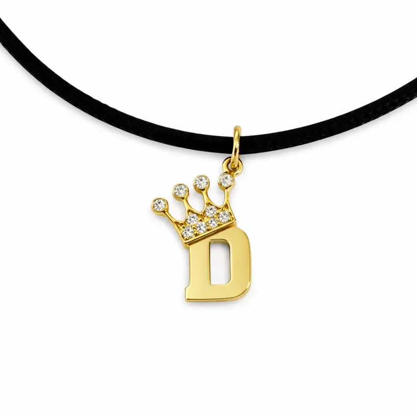 Pendente com charme D inicial em ouro 750 com coroa e diamantes  