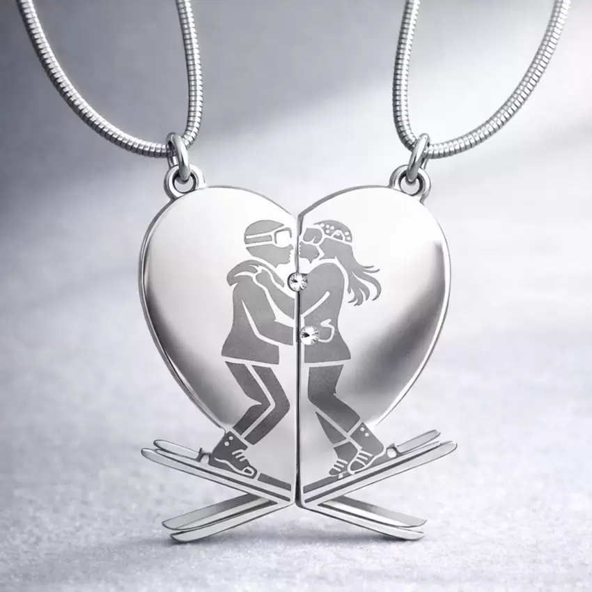 Ciondolo divisibile sciatori innamorati in acciaio personalizzabile  