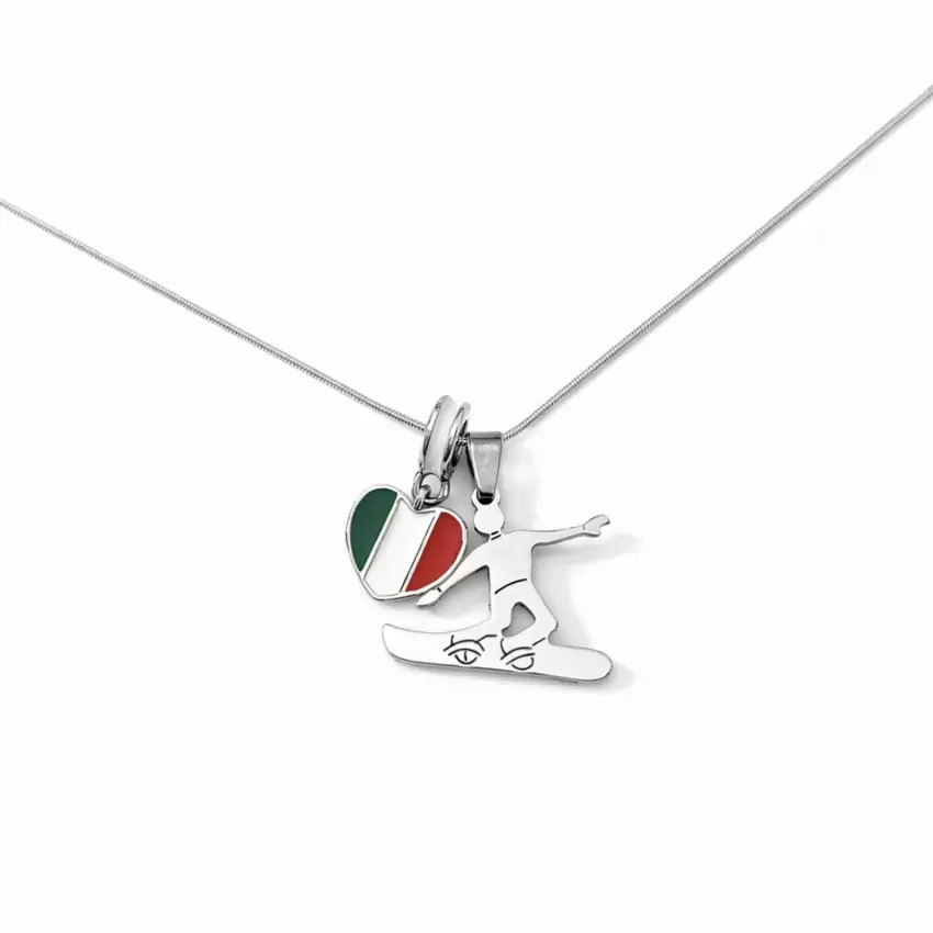Collana charms Snowboard personalizzabile in acciaio con cuore tricolore – L’Italia ci mette il cuore  