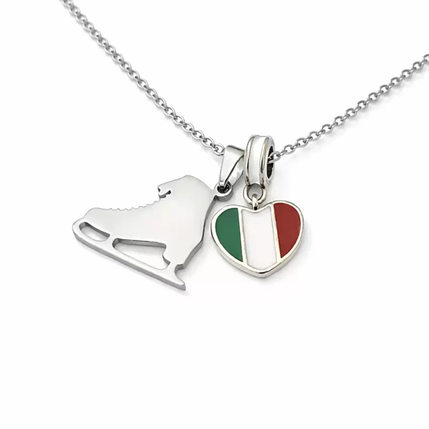 Ciondolo Pattino da ghiaccio personalizzabile in acciaio con cuore tricolore L’Italia del ghiaccio ci mette il cuore  