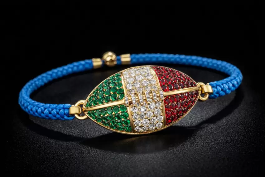 Pulseira de bola de rugby em ouro 750 com esmeraldas, diamantes e rubis  