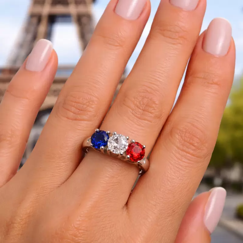 Anillo trilog&iacute;a de plata de ley 925 con colores de circonita Bandera de Francia