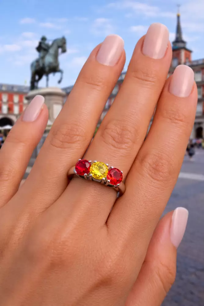 Anillo trilogía de plata de ley 925 con colores de circonita Bandera de España  