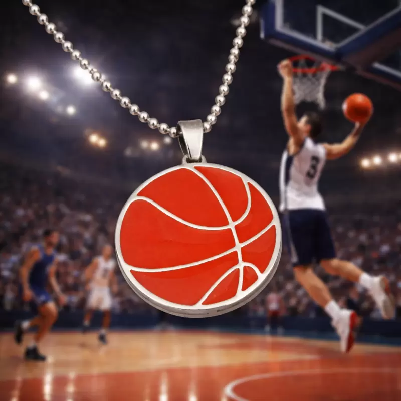  Ciondolo Palla da Basket  con  catena  a  palline  in  Acciaio.