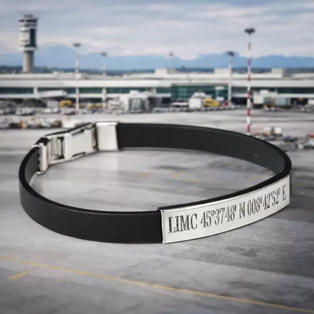 Bracciale in Acciaio e Caucciu' con coordinate LIMC MALPENSA  