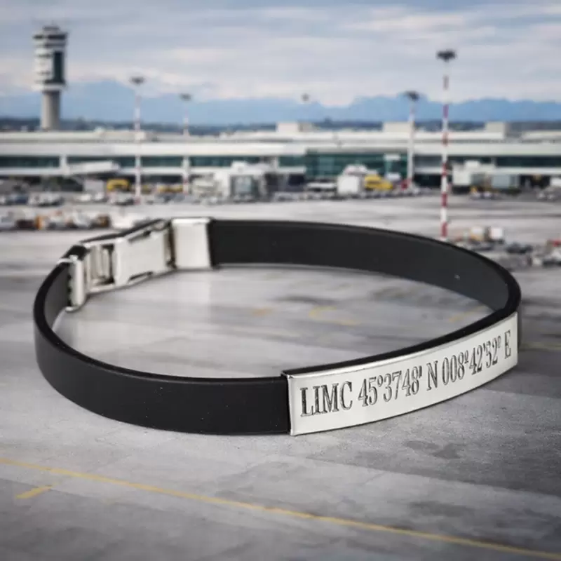 Bracciale in Acciaio e Caucciu' con coordinate LIMC MALPENSA