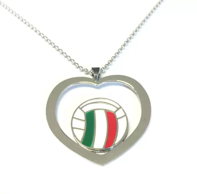Ciondolo Cuore e Pallone da Pallavolo in Acciaio e Smalto Bianco,Rosso,Verde  