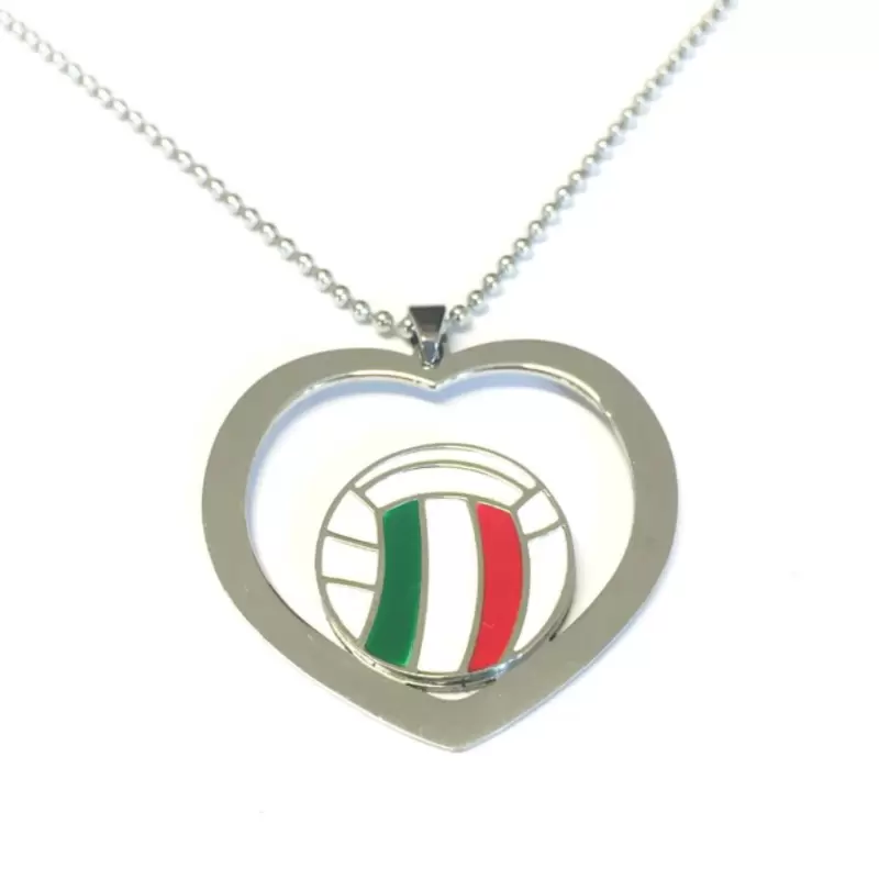 Ciondolo Cuore e Pallone da Pallavolo in Acciaio e Smalto Bianco,Rosso,Verde