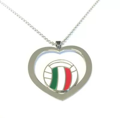 Ciondolo Cuore e Pallone da Pallavolo in Acciaio e Smalto Bianco,Rosso,Verde 