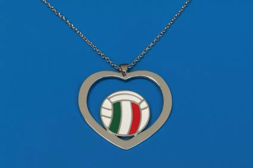 Ciondolo Cuore e Pallone da Pallavolo in Acciaio e Smalto Bianco,Rosso,Verde  