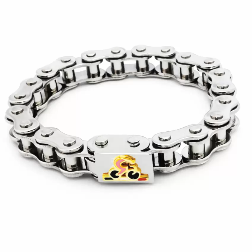 Edelstahl-Kettenarmband mit Radfahrer aus 750er Gelbgold-Emaille  