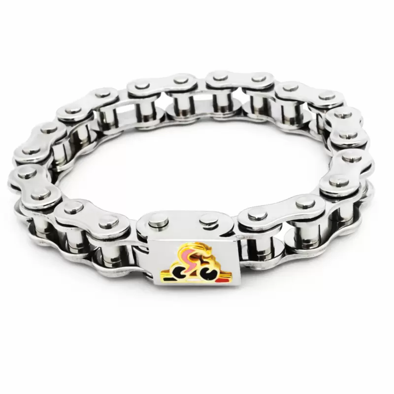 Bracciale catena in acciaio inox con ciclista in oro giallo 750 smaltato 